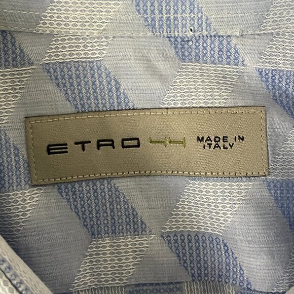 Men's Etro 100% Cotton Dress shirt White Blue 3D Squares-Sz. 44-XL - Picture 3 of 12